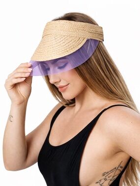 Raffia Straw Visor w/ Lavender PVC Brim – Wide Brim Sun Hat – NEW